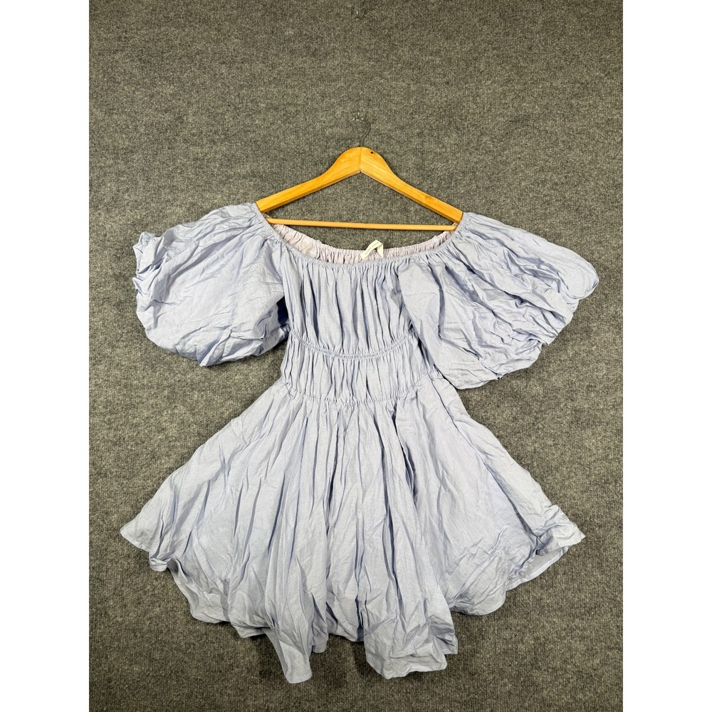 Altar'd State Mini Dress Women Small Blue Off Shoulder Smocked Puff Sleeve Party